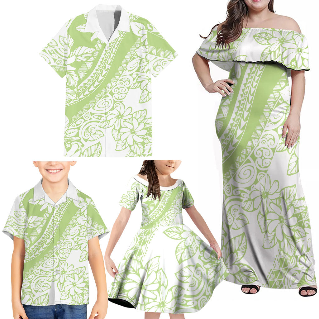 Polynesian Tiare Flower Sage Green Pastel Family Matching Off Shoulder Maxi Dress and Hawaiian Shirt
