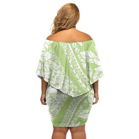 Polynesian Tiare Flower Sage Green Pastel Family Matching Off Shoulder Short Dress and Hawaiian Shirt