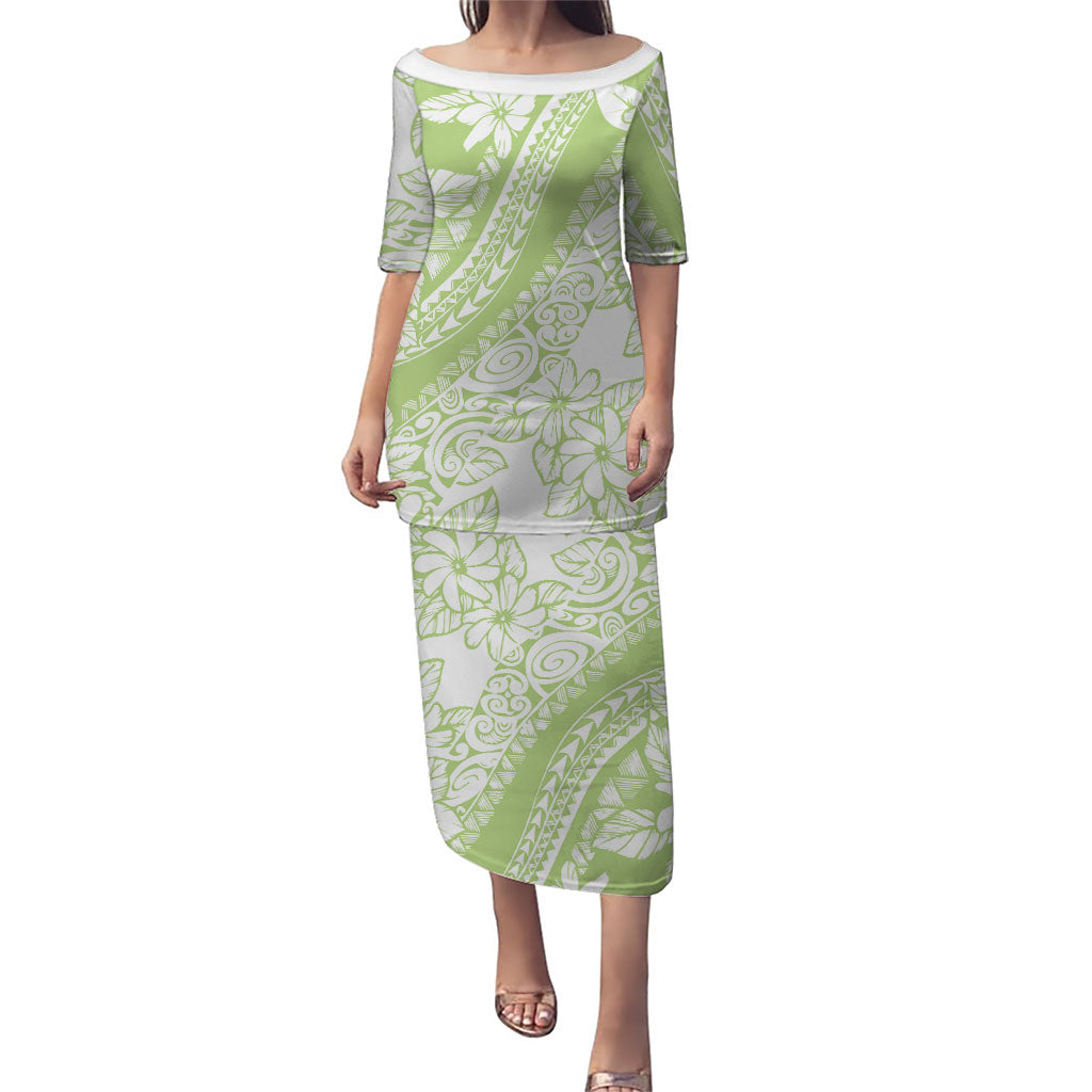 Polynesian Tiare Flower Sage Green Pastel Family Matching Puletasi and Hawaiian Shirt LT14 Mom's Dress Sage Green - Polynesian Pride