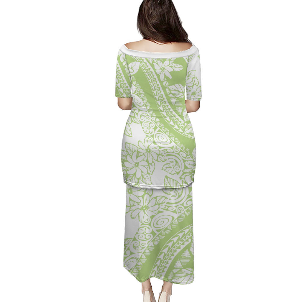 Polynesian Tiare Flower Sage Green Pastel Family Matching Puletasi and Hawaiian Shirt LT14 - Polynesian Pride