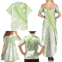 Polynesian Tiare Flower Sage Green Pastel Family Matching Summer Maxi Dress and Hawaiian Shirt