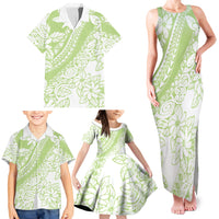 Polynesian Tiare Flower Sage Green Pastel Family Matching Tank Maxi Dress and Hawaiian Shirt