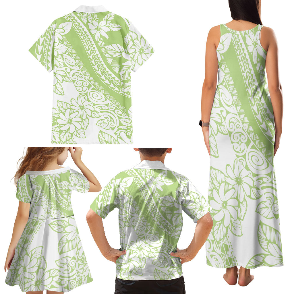 Polynesian Tiare Flower Sage Green Pastel Family Matching Tank Maxi Dress and Hawaiian Shirt