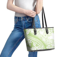 Polynesian Tiare Flower Sage Green Pastel Leather Tote Bag