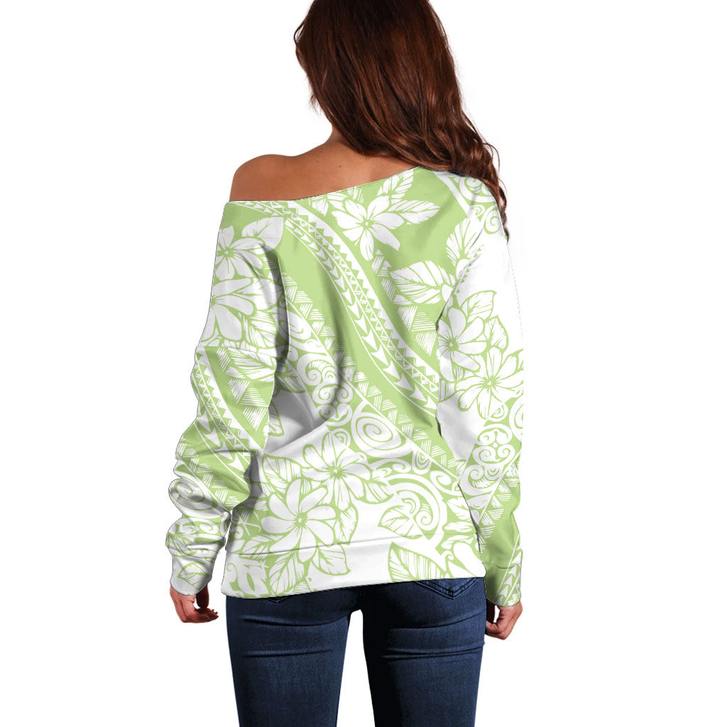 Polynesian Tiare Flower Sage Green Pastel Off Shoulder Sweater