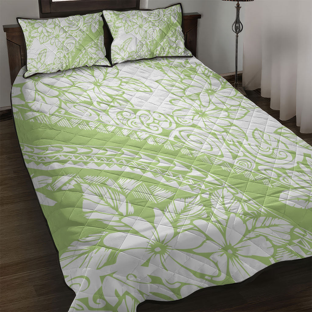 Polynesian Tiare Flower Sage Green Pastel Quilt Bed Set