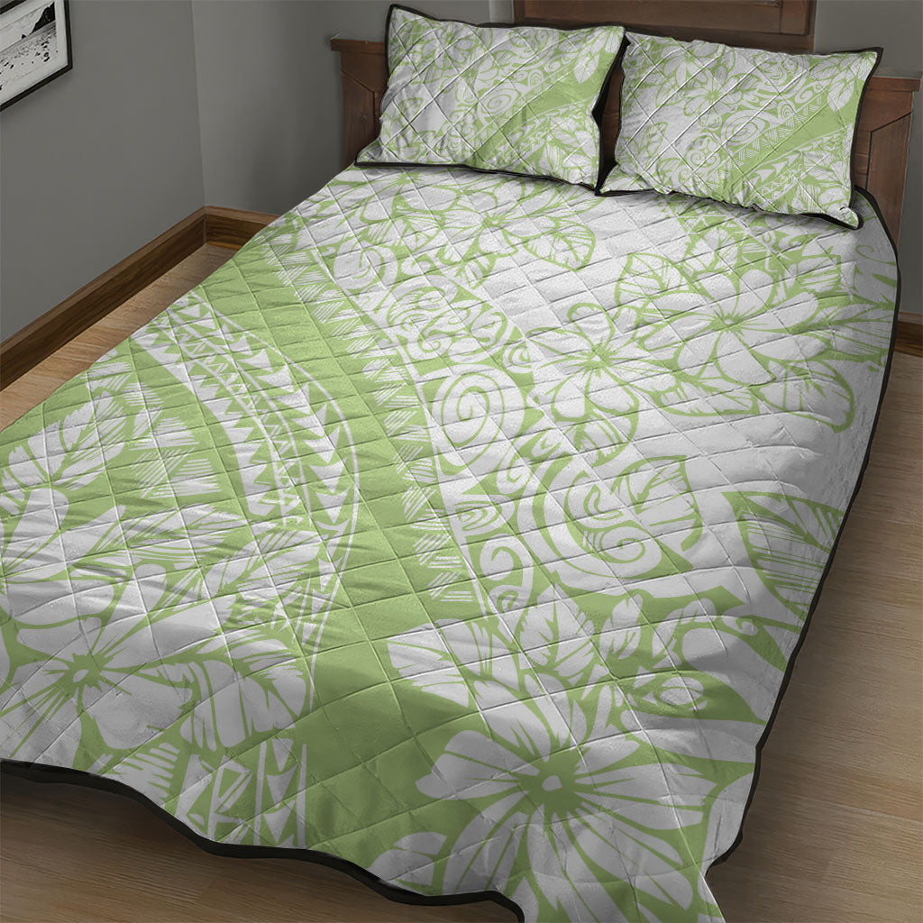 Polynesian Tiare Flower Sage Green Pastel Quilt Bed Set