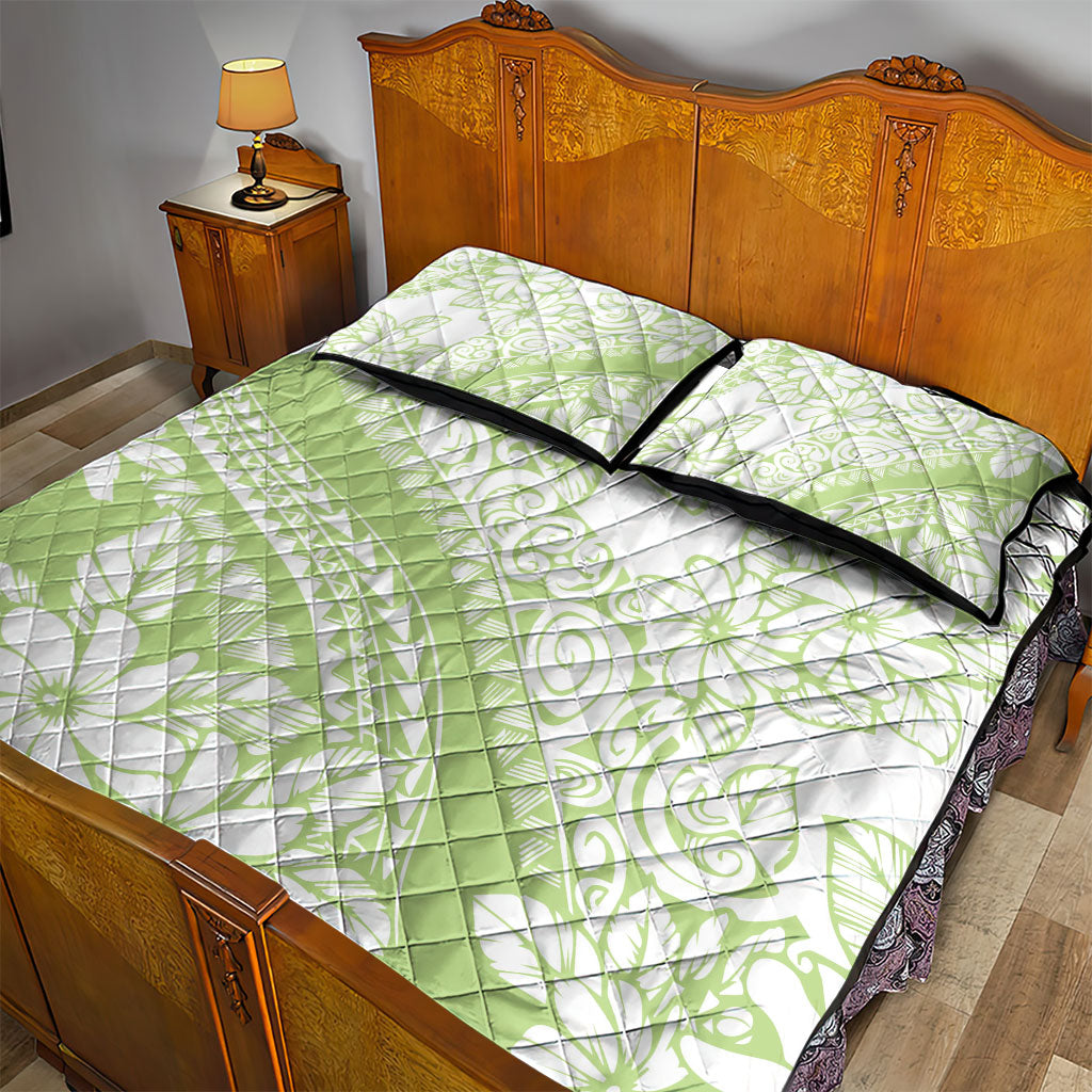 Polynesian Tiare Flower Sage Green Pastel Quilt Bed Set