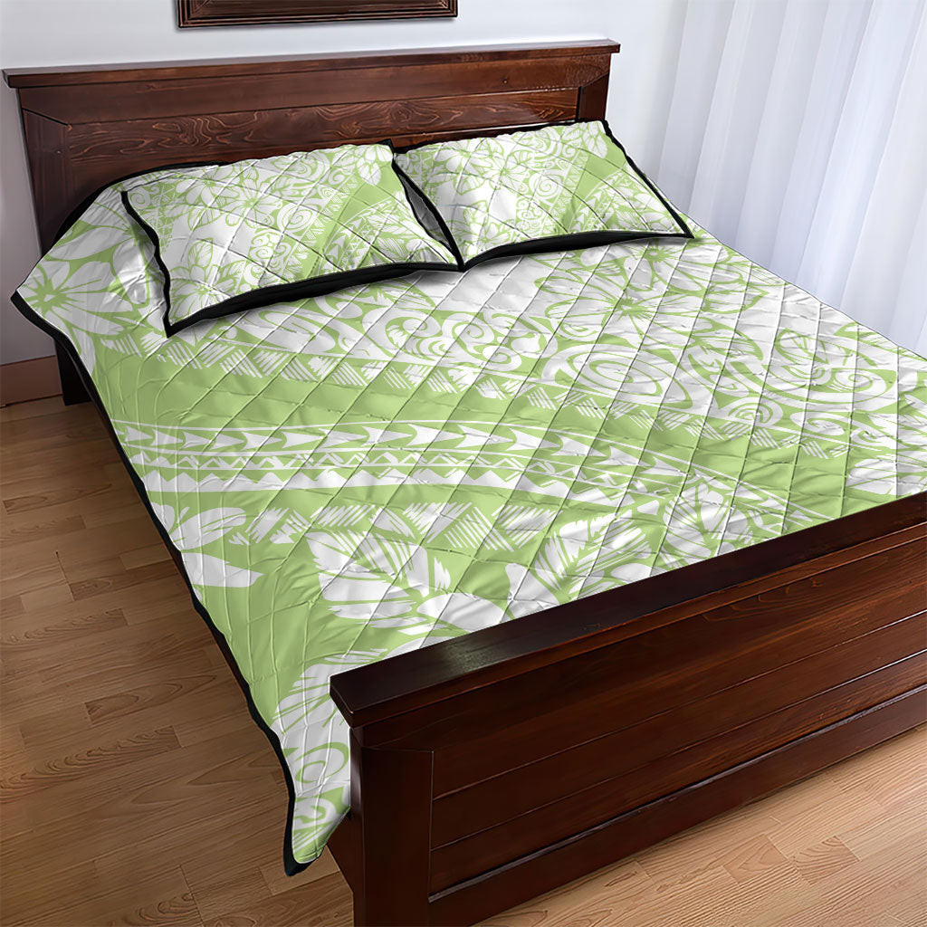 Polynesian Tiare Flower Sage Green Pastel Quilt Bed Set