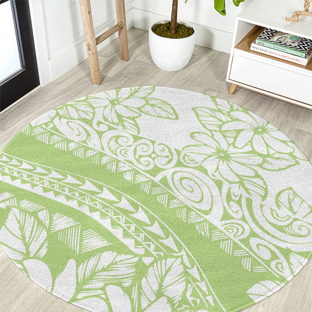 Polynesian Tiare Flower Sage Green Pastel Round Carpet