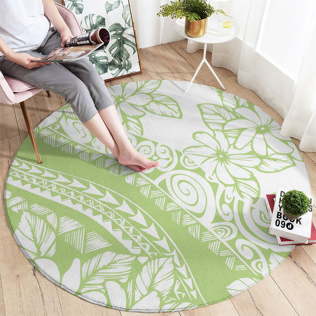 Polynesian Tiare Flower Sage Green Pastel Round Carpet