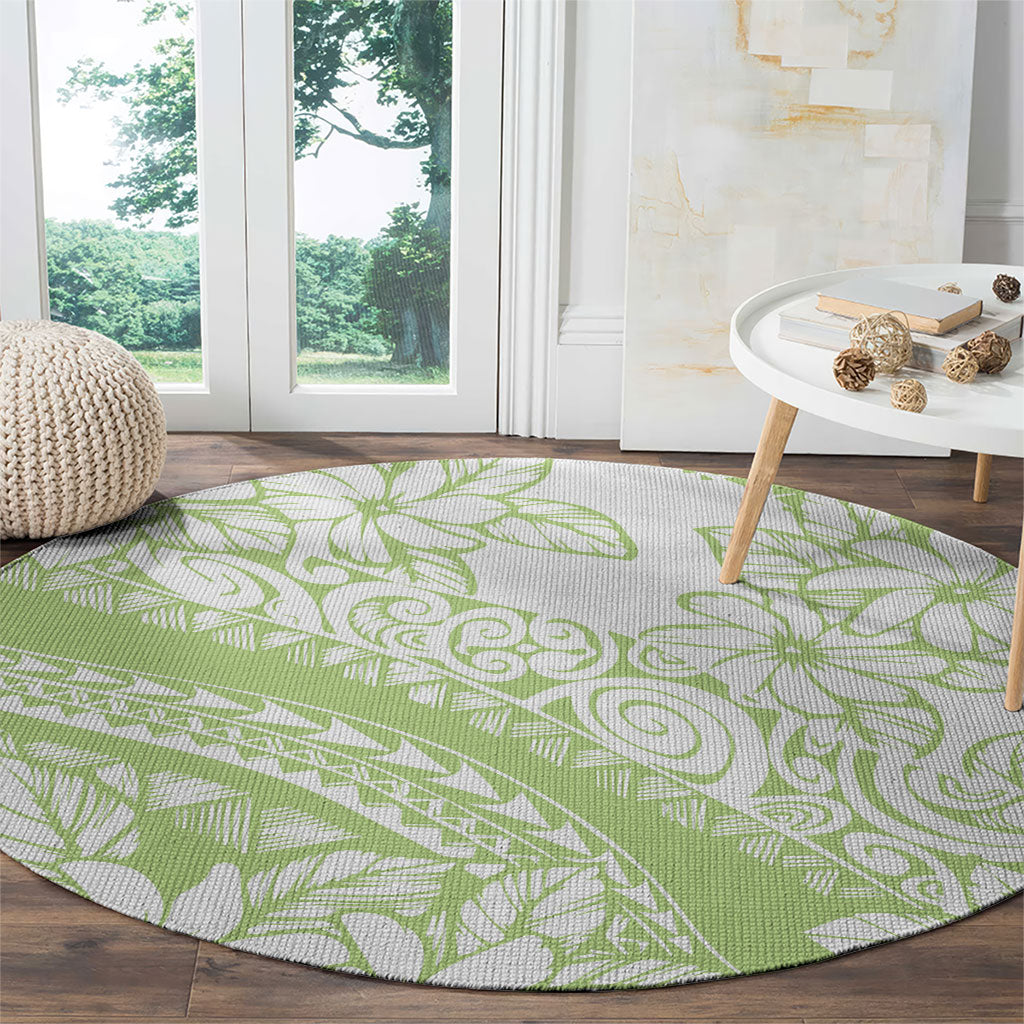Polynesian Tiare Flower Sage Green Pastel Round Carpet