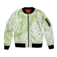 Polynesian Tiare Flower Sage Green Pastel Sleeve Zip Bomber Jacket