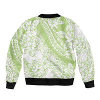 Polynesian Tiare Flower Sage Green Pastel Sleeve Zip Bomber Jacket