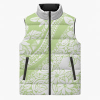 Polynesian Tiare Flower Sage Green Pastel Sleeveless Puffer Jacket