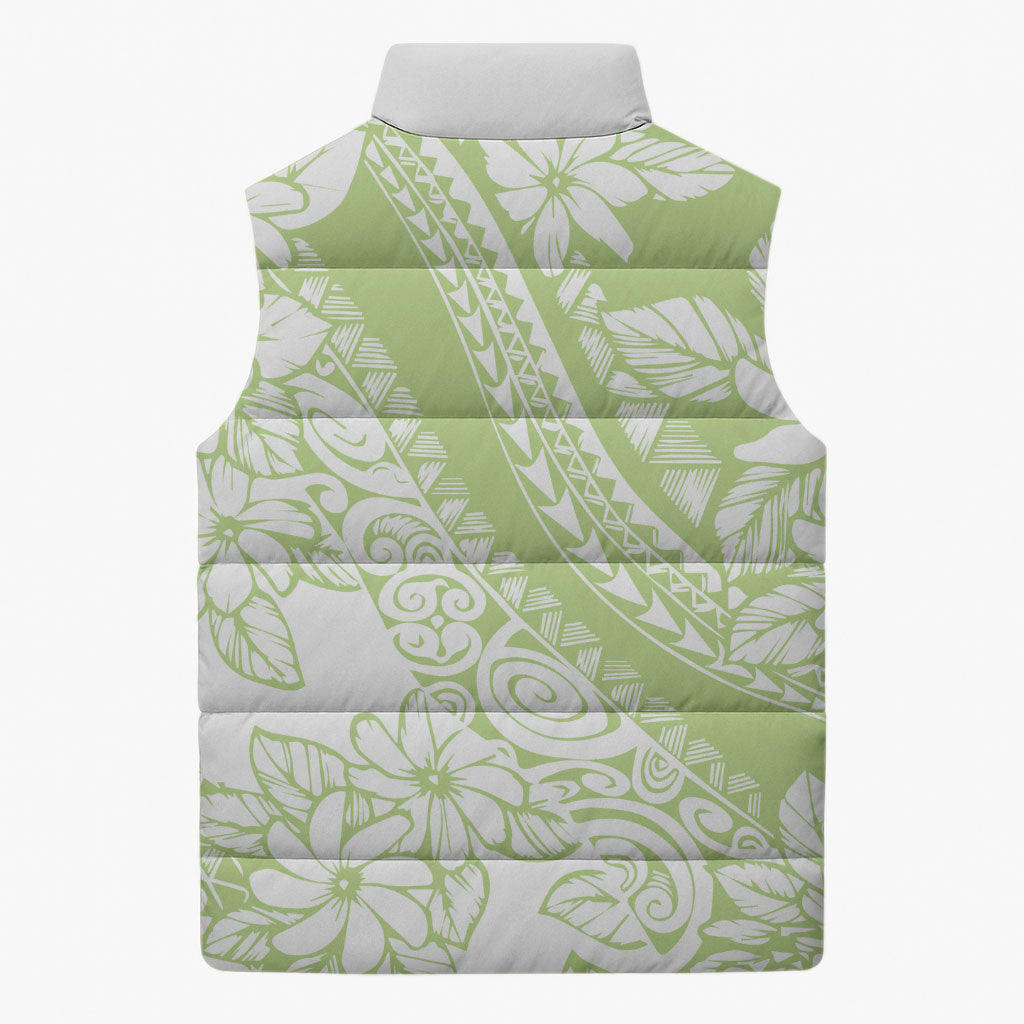 Polynesian Tiare Flower Sage Green Pastel Sleeveless Puffer Jacket