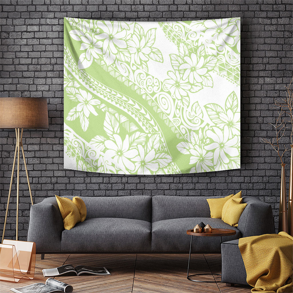Polynesian Tiare Flower Sage Green Pastel Tapestry