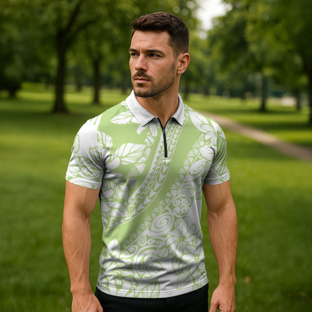 Polynesian Tiare Flower Sage Green Pastel Zipper Polo Shirt