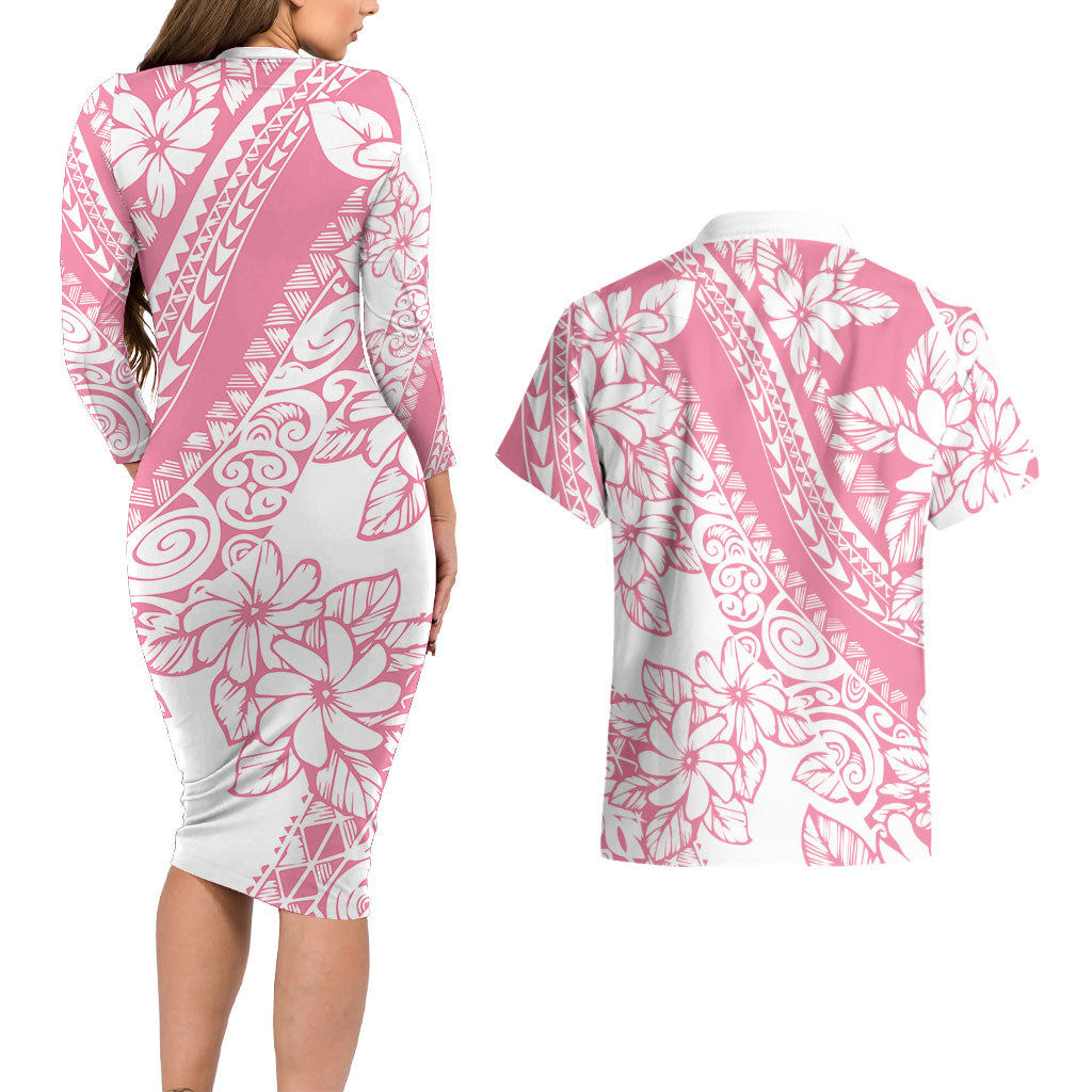Polynesian Tiare Flower Pink Pastel Vibes Couples Matching Long Sleeve Bodycon Dress and Hawaiian Shirt LT14 - Polynesian Pride