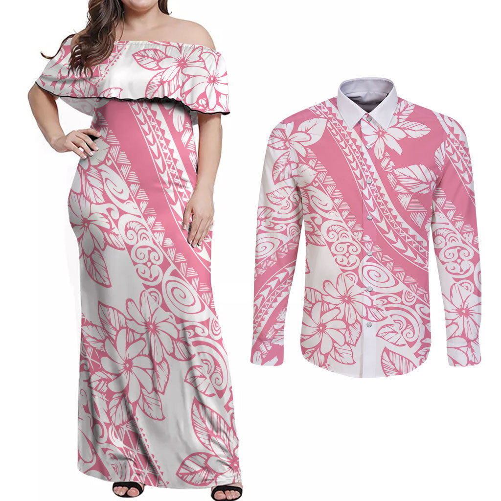 Polynesian Tiare Flower Pink Pastel Vibes Couples Matching Off Shoulder Maxi Dress and Long Sleeve Button Shirt
