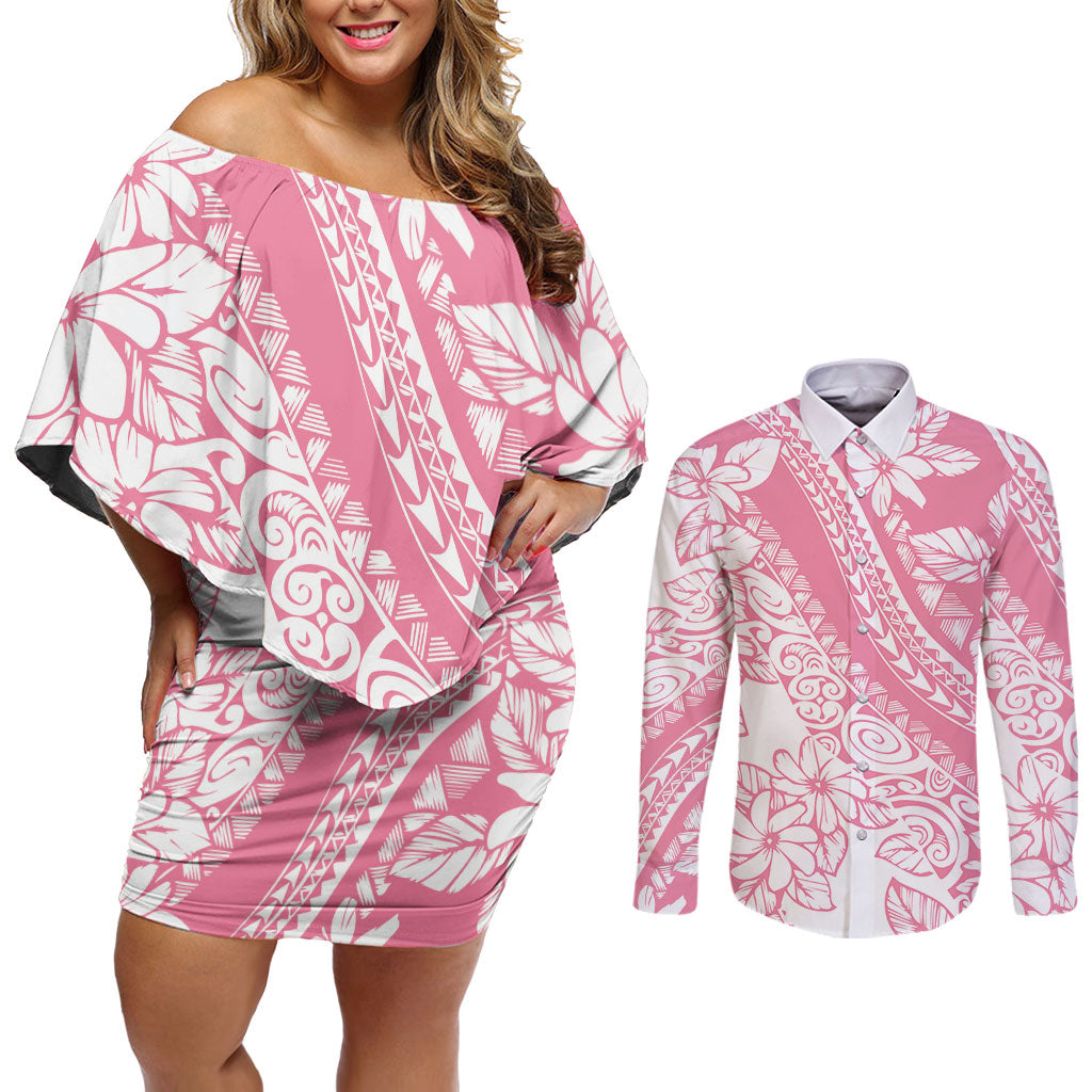 Polynesian Tiare Flower Pink Pastel Vibes Couples Matching Off Shoulder Short Dress and Long Sleeve Button Shirt