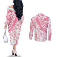 Polynesian Tiare Flower Pink Pastel Vibes Couples Matching Off The Shoulder Long Sleeve Dress and Long Sleeve Button Shirt LT14 - Polynesian Pride