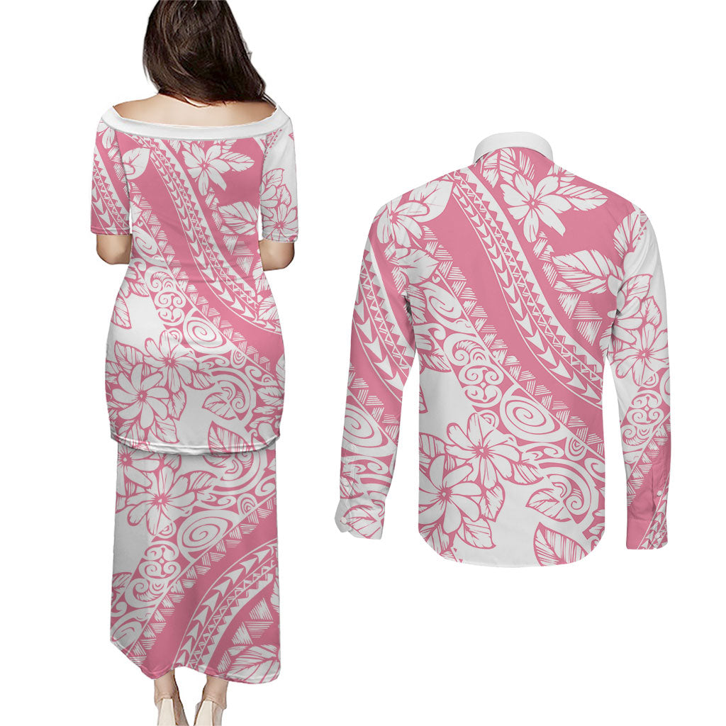 Polynesian Tiare Flower Pink Pastel Vibes Couples Matching Puletasi and Long Sleeve Button Shirt