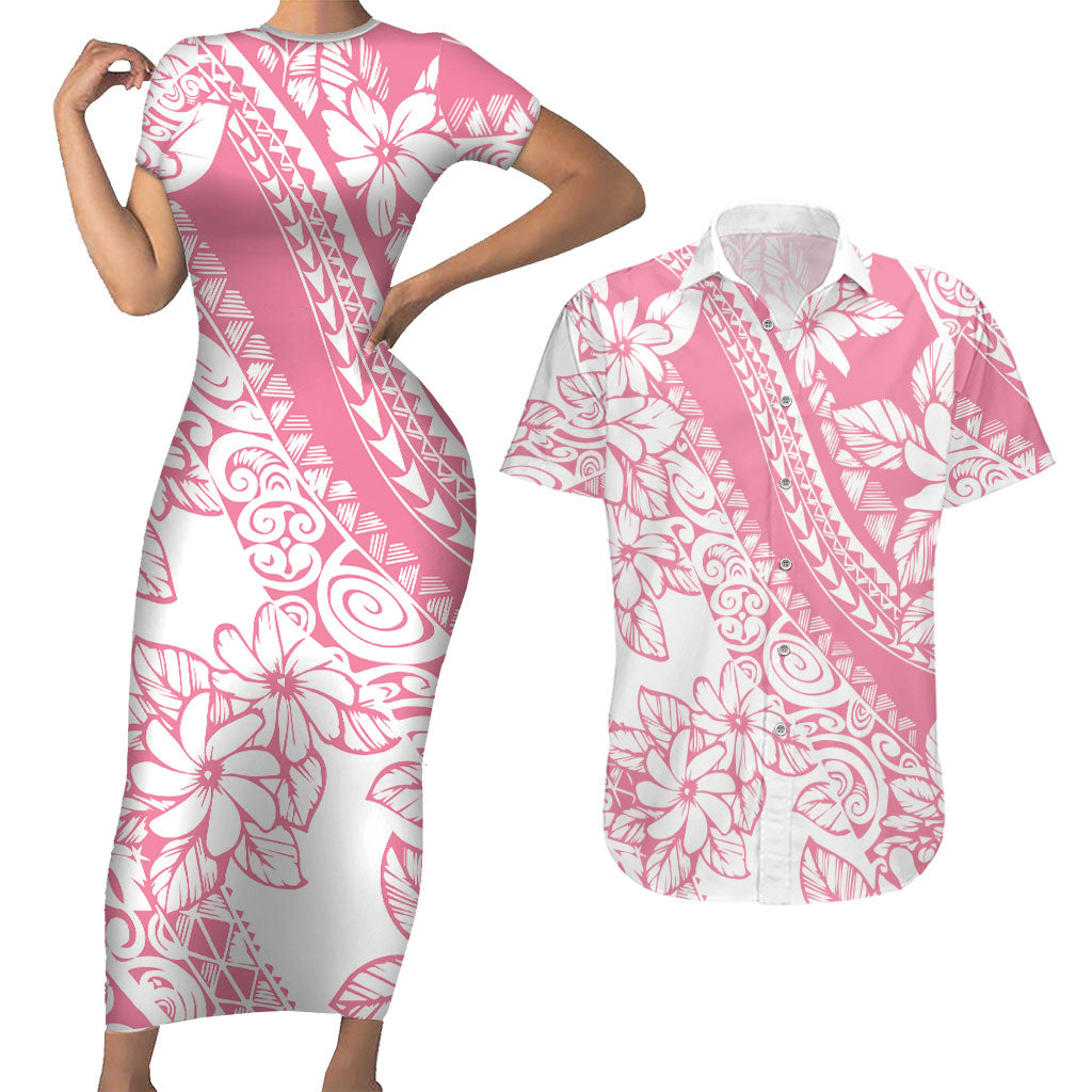 Polynesian Tiare Flower Pink Pastel Vibes Couples Matching Short Sleeve Bodycon Dress and Hawaiian Shirt LT14 Pink - Polynesian Pride