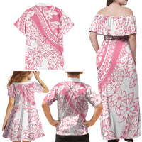 Polynesian Tiare Flower Pink Pastel Vibes Family Matching Off Shoulder Maxi Dress and Hawaiian Shirt