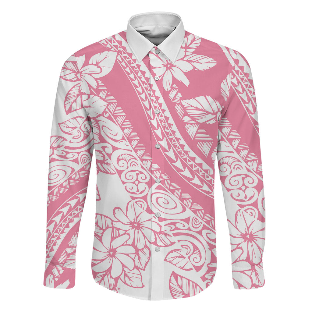 Polynesian Tiare Flower Pink Pastel Vibes Family Matching Puletasi and Hawaiian Shirt LT14 Dad's Shirt - Long Sleeve Pink - Polynesian Pride