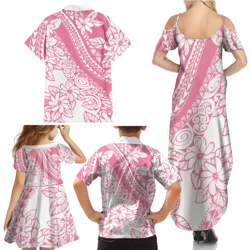 Polynesian Tiare Flower Pink Pastel Vibes Family Matching Summer Maxi Dress and Hawaiian Shirt