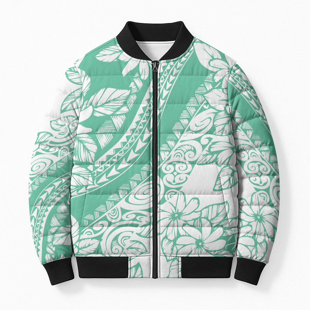 Polynesian Tiare Flower Cyan Pastel Vibes Bomber Puffer Jacket LT14 Unisex Cyan - Polynesian Pride