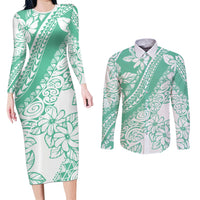 Polynesian Tiare Flower Cyan Pastel Vibes Couples Matching Long Sleeve Bodycon Dress and Long Sleeve Button Shirt LT14 Cyan - Polynesian Pride