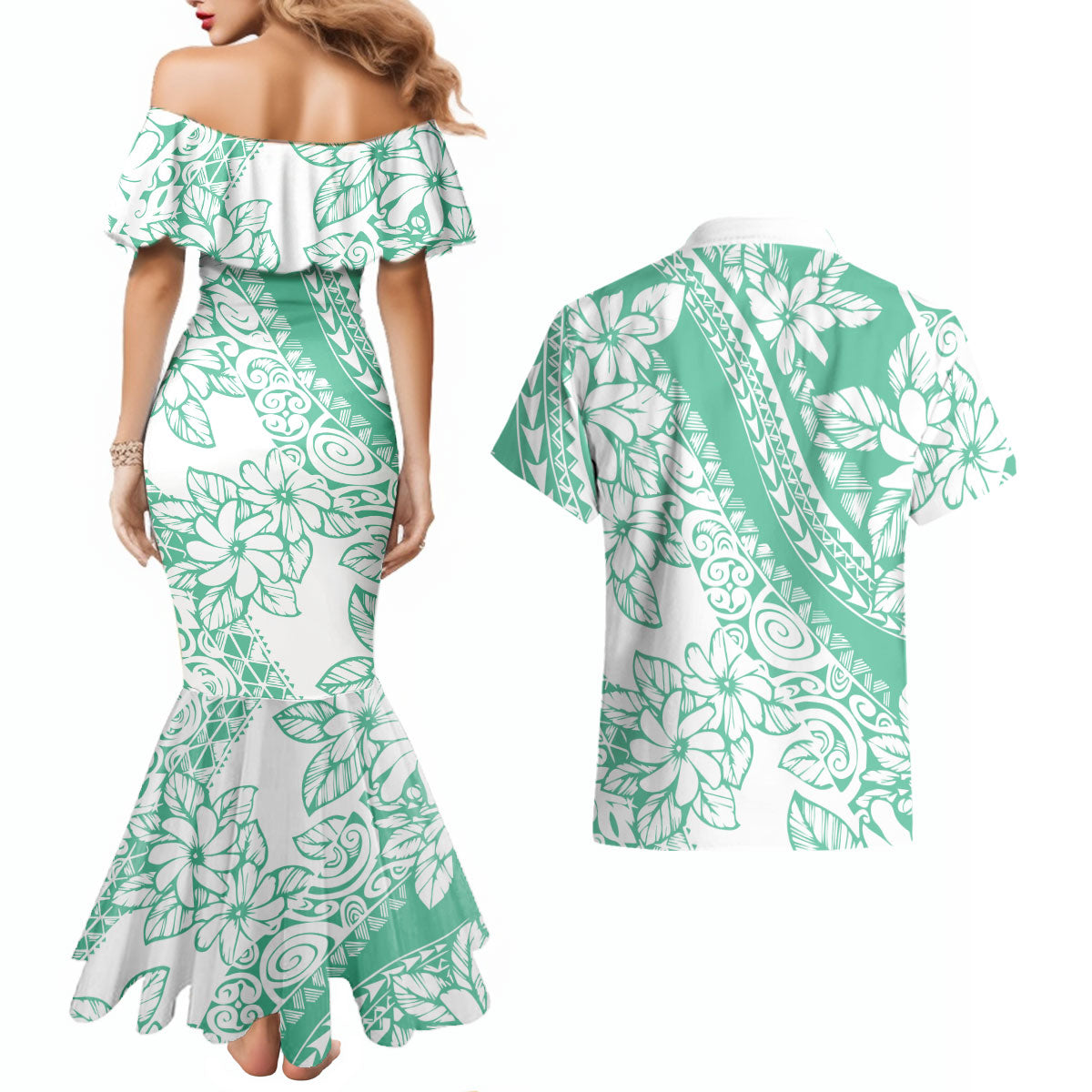 Polynesian Tiare Flower Cyan Pastel Vibes Couples Matching Mermaid Dress and Hawaiian Shirt LT14 - Polynesian Pride