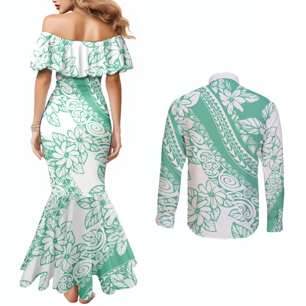 Polynesian Tiare Flower Cyan Pastel Vibes Couples Matching Mermaid Dress and Long Sleeve Button Shirt LT14 - Polynesian Pride