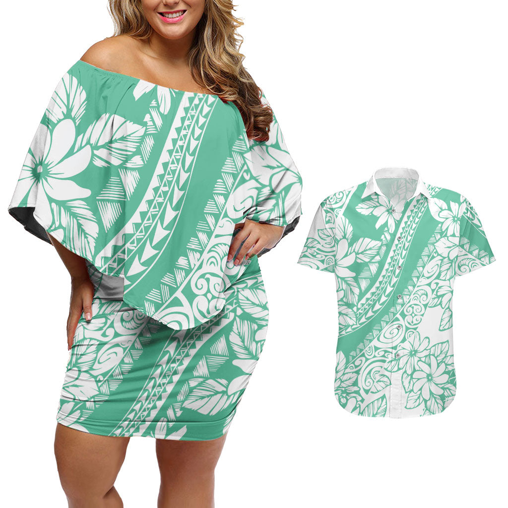 Polynesian Tiare Flower Cyan Pastel Vibes Couples Matching Off Shoulder Short Dress and Hawaiian Shirt LT14 Cyan - Polynesian Pride