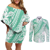 Polynesian Tiare Flower Cyan Pastel Vibes Couples Matching Off Shoulder Short Dress and Long Sleeve Button Shirt LT14 Cyan - Polynesian Pride