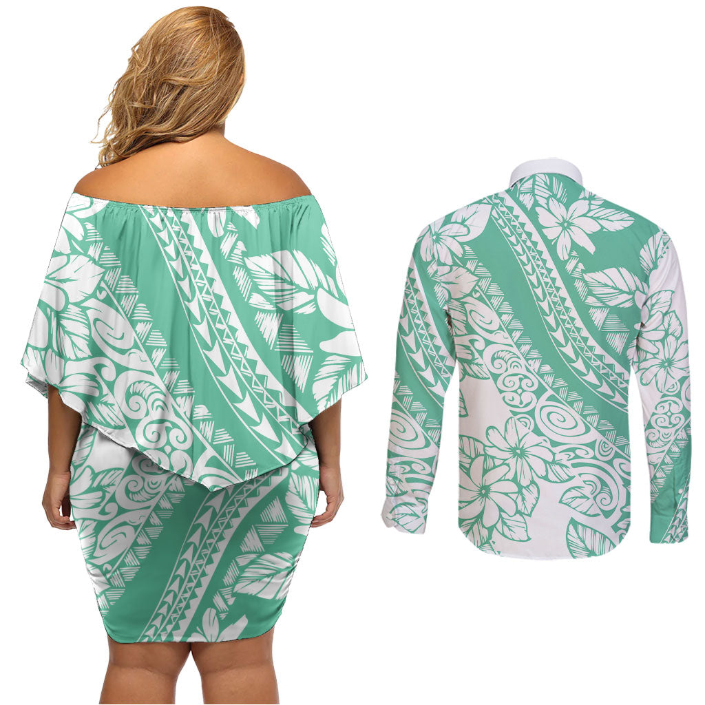 Polynesian Tiare Flower Cyan Pastel Vibes Couples Matching Off Shoulder Short Dress and Long Sleeve Button Shirt LT14 - Polynesian Pride