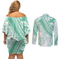 Polynesian Tiare Flower Cyan Pastel Vibes Couples Matching Off Shoulder Short Dress and Long Sleeve Button Shirt LT14 - Polynesian Pride
