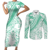 Polynesian Tiare Flower Cyan Pastel Vibes Couples Matching Short Sleeve Bodycon Dress and Long Sleeve Button Shirt LT14 Cyan - Polynesian Pride