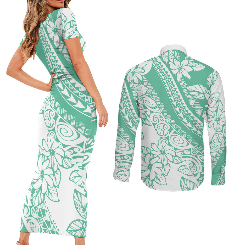 Polynesian Tiare Flower Cyan Pastel Vibes Couples Matching Short Sleeve Bodycon Dress and Long Sleeve Button Shirt LT14 - Polynesian Pride