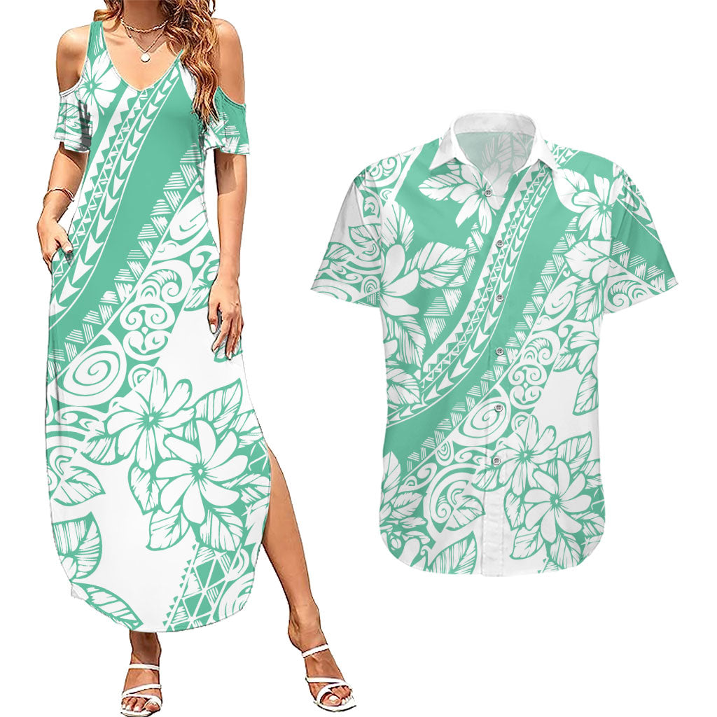 Polynesian Tiare Flower Cyan Pastel Vibes Couples Matching Summer Maxi Dress and Hawaiian Shirt LT14 Cyan - Polynesian Pride
