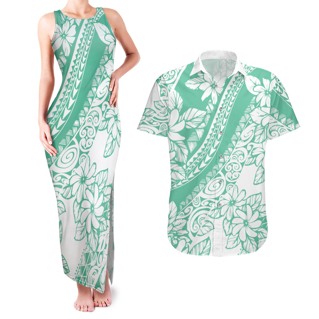 Polynesian Tiare Flower Cyan Pastel Vibes Couples Matching Tank Maxi Dress and Hawaiian Shirt LT14 Cyan - Polynesian Pride