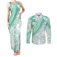 Polynesian Tiare Flower Cyan Pastel Vibes Couples Matching Tank Maxi Dress and Long Sleeve Button Shirt LT14 Cyan - Polynesian Pride
