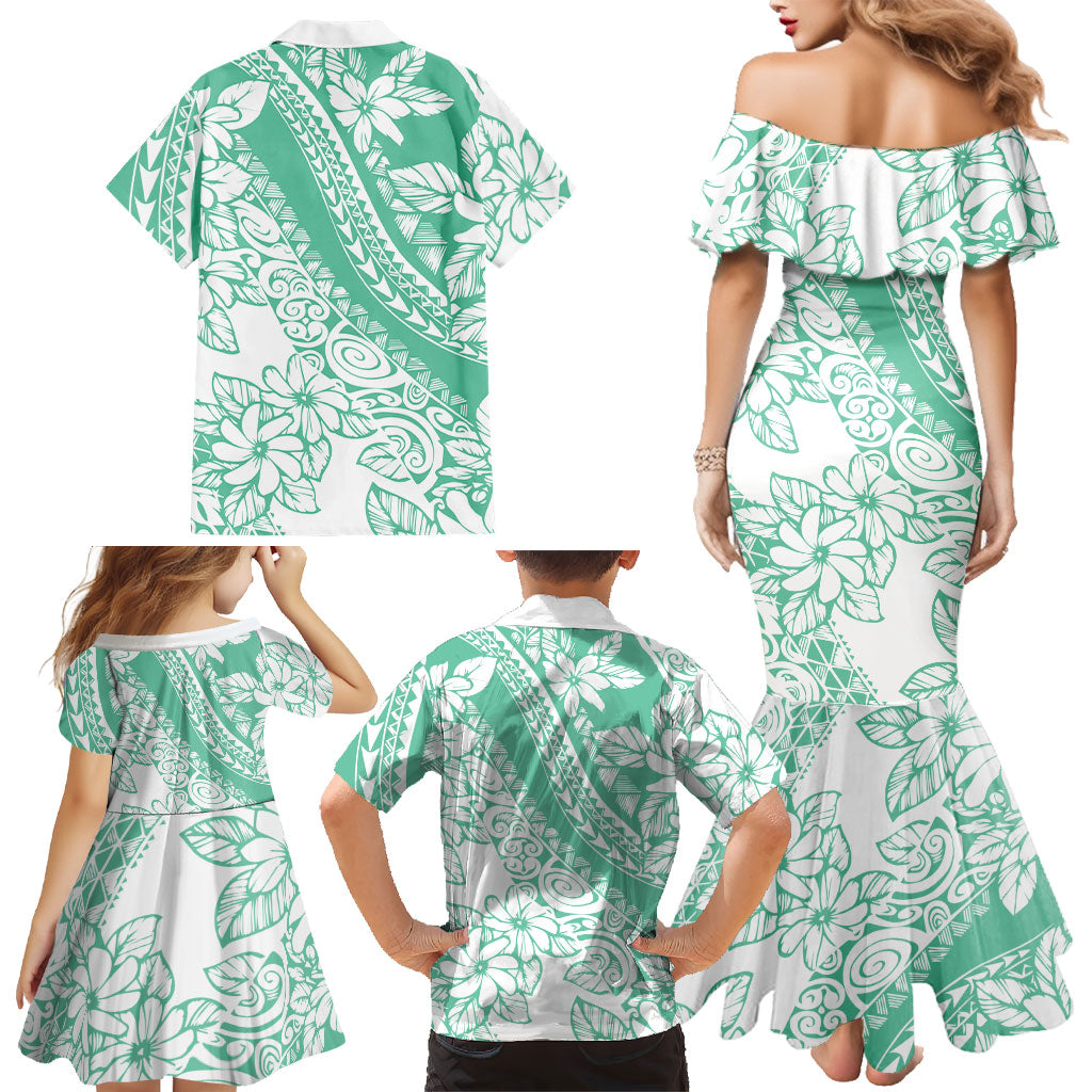 Polynesian Tiare Flower Cyan Pastel Vibes Family Matching Mermaid Dress and Hawaiian Shirt LT14 - Polynesian Pride