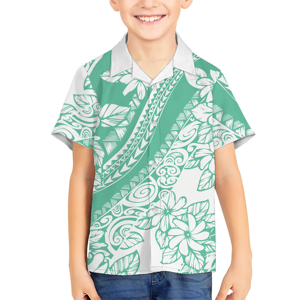 Polynesian Tiare Flower Cyan Pastel Vibes Family Matching Off The Shoulder Long Sleeve Dress and Hawaiian Shirt LT14 Son's Shirt Cyan - Polynesian Pride