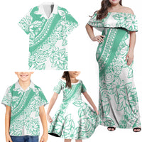 Polynesian Tiare Flower Cyan Pastel Vibes Family Matching Off Shoulder Maxi Dress and Hawaiian Shirt