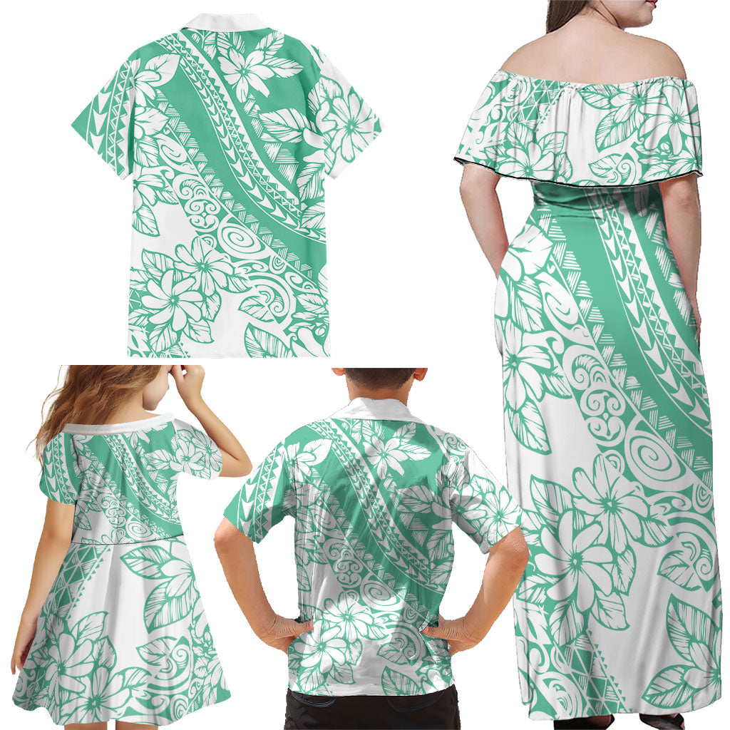 Polynesian Tiare Flower Cyan Pastel Vibes Family Matching Off Shoulder Maxi Dress and Hawaiian Shirt