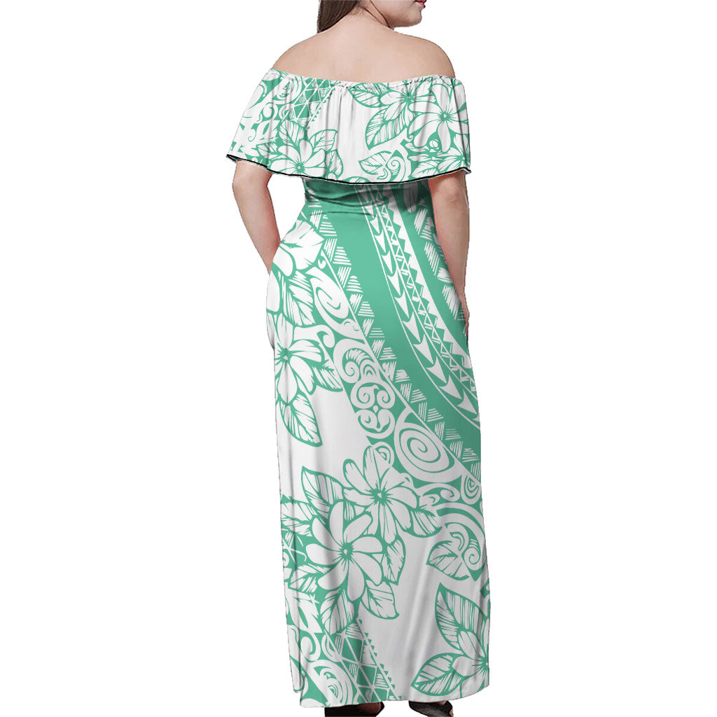 Polynesian Tiare Flower Cyan Pastel Vibes Family Matching Off Shoulder Maxi Dress and Hawaiian Shirt