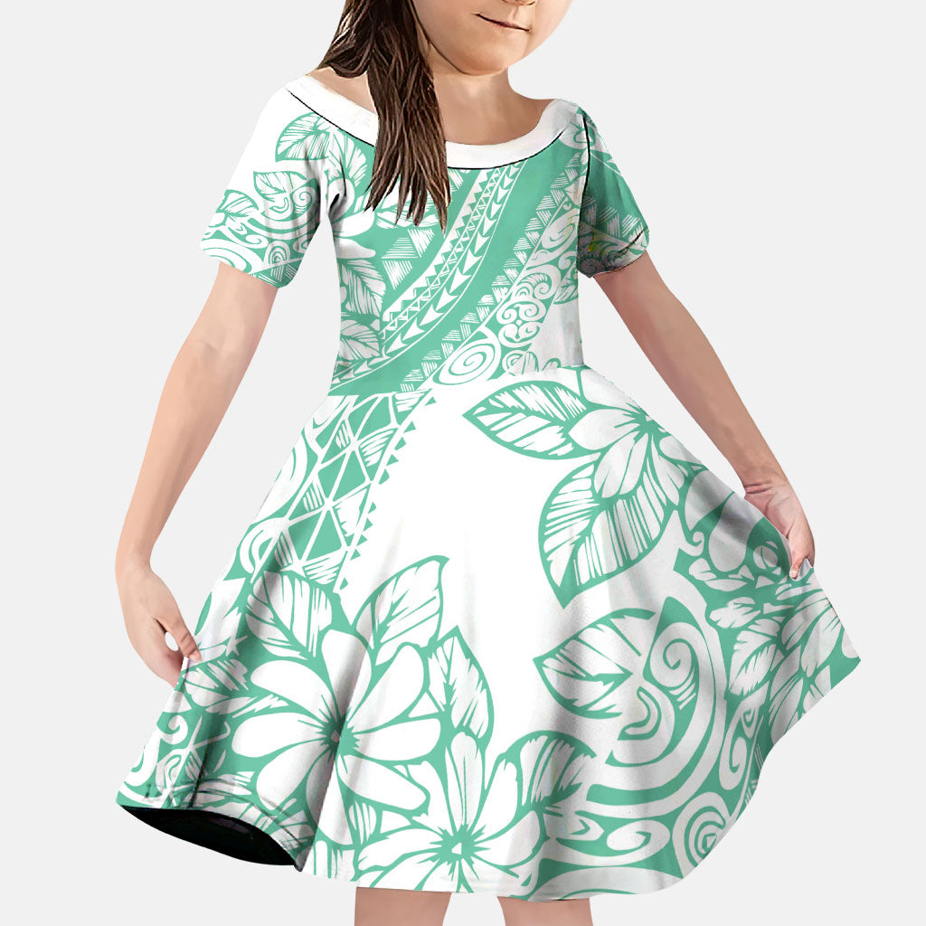 Polynesian Tiare Flower Cyan Pastel Vibes Family Matching Short Sleeve Bodycon Dress and Hawaiian Shirt LT14 Daughter's Dress Cyan - Polynesian Pride
